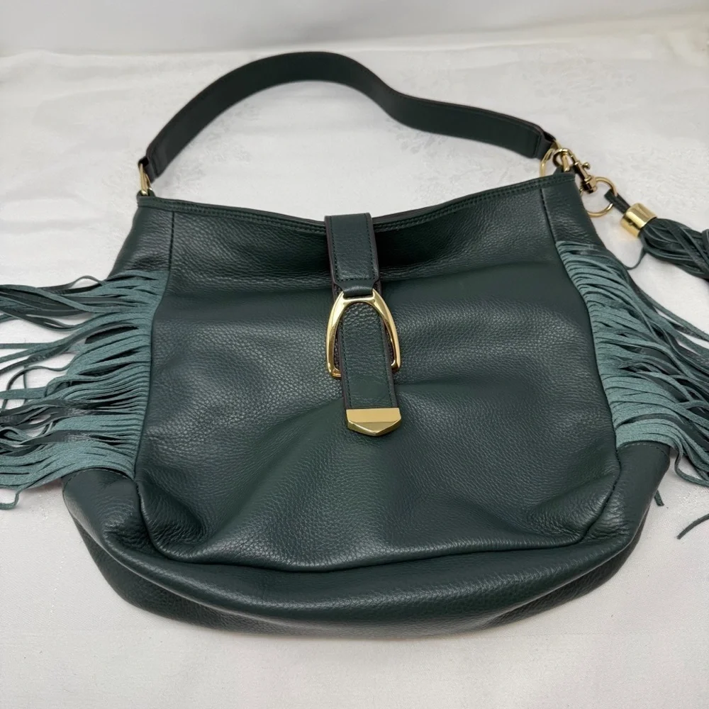 Gilli Genuine Leather Fringe Shoulder Bag – Green Hobo Tote with Tassel Detail